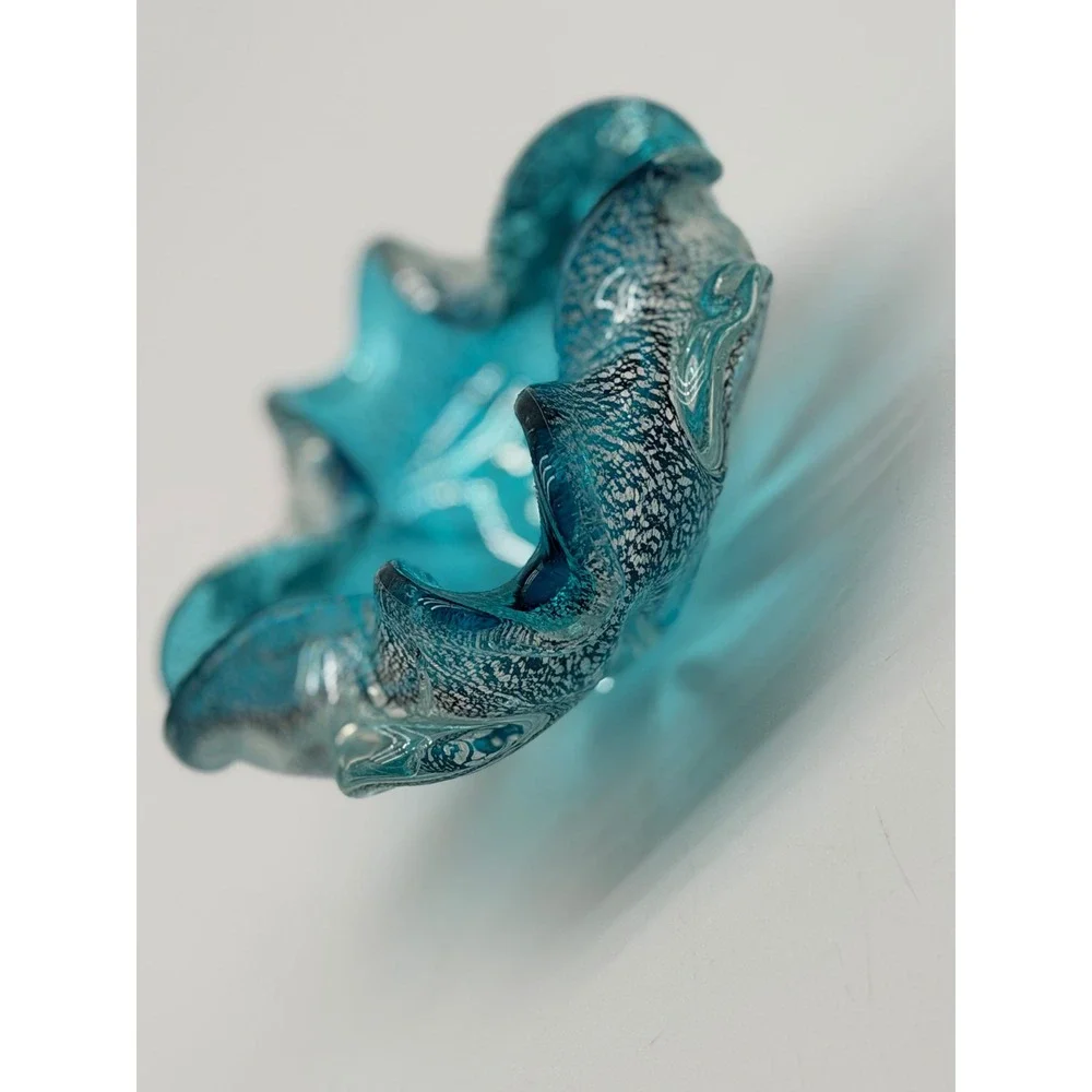 Turquoise Blue Silver Foil Murano Style Art Glass Ruffled Bowl Catchall 5.5